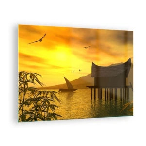 Impression sur verre - Image sur verre - Coucher de soleil sur le lac avec une maison sur pilotis - 70x50cm - La paix tant désirée - Décoration murale moderne pour le salon et la chambre ARTTOR