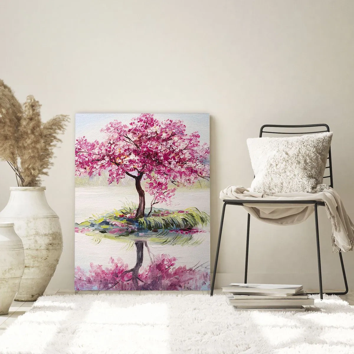 Impression sur verre - Image sur verre - Un arbre rose sur une île se reflétant dans l'eau calme - 50x70cm - Fête du Printemps - Décoration murale moderne pour le salon et la chambre ARTTOR