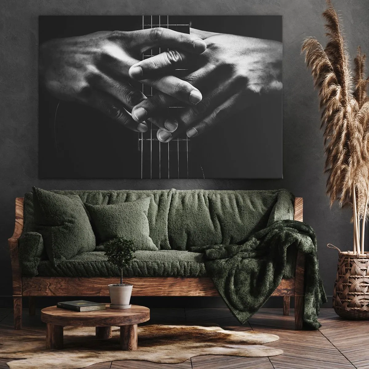 Impression sur toile - Image sur toile - Mains jointes sur une guitare dans un ton monochrome - 120x80cm - Prière d'artiste - Décoration murale moderne pour le salon et la chambre ARTTOR