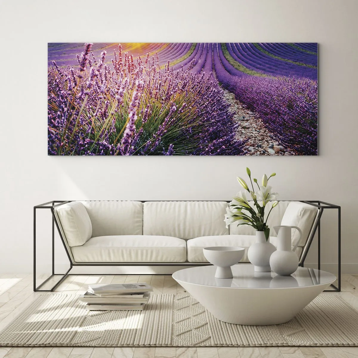 Impression sur verre - Image sur verre - Champ de lavande au coucher du soleil - 120x50cm - Tige parfumée - Décoration murale moderne pour le salon et la chambre ARTTOR