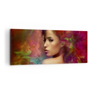 Impression sur toile - Image sur toile - Une femme aux reflets colorés créant un arrière-plan abstrait - 120x50cm - Plus beau qu'un arc-en-ciel, aussi délicat qu'un brouillard - Décoration murale moderne pour le salon et la chambre ARTTOR