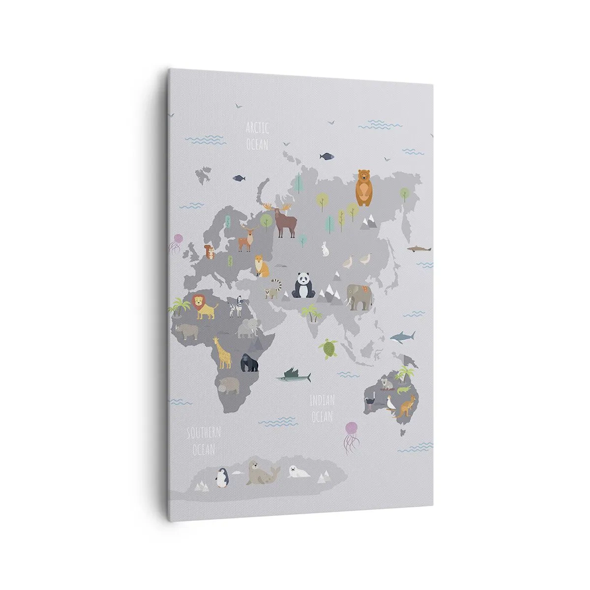 Impression sur toile - Image sur toile - Une carte du monde avec des illustrations d'animaux sur fond gris - 80x120cm - Dis-moi d'où tu viens... - Décoration murale moderne pour le salon et la chambre ARTTOR
