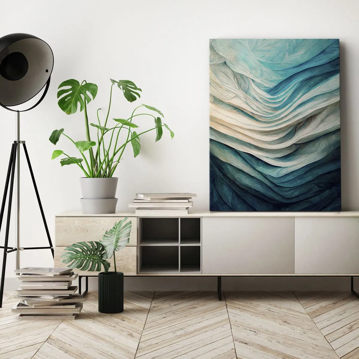 Impression sur toile - Image sur toile - Ondes dynamiques dans des tons de bleu et de blanc - 50x70cm - Insatiabilité bleue - Décoration murale moderne pour le salon et la chambre ARTTOR