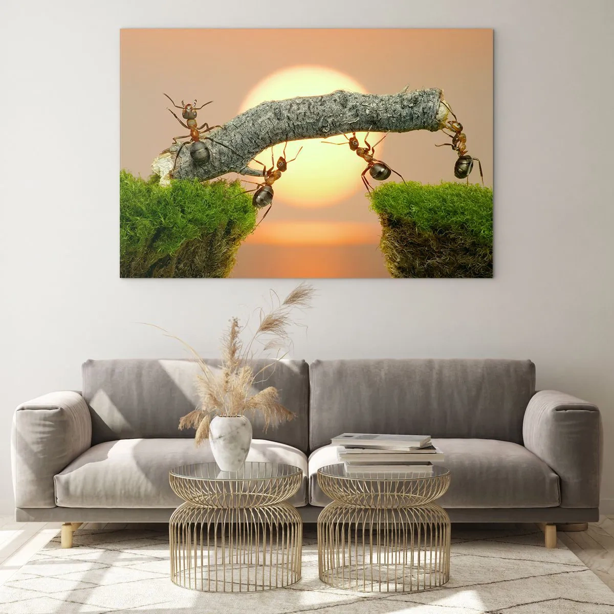 Impression sur verre - Image sur verre - Des fourmis construisent un pont au coucher du soleil - 120x80cm - La joie, travaille d'équipe - Décoration murale moderne pour le salon et la chambre ARTTOR