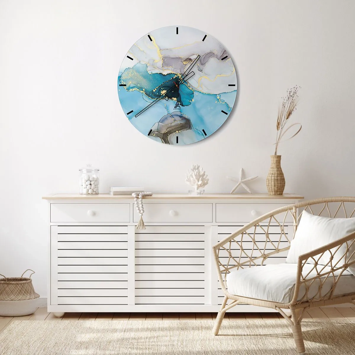 Horloge murale - Pendule murale - Etude de la rencontre gris et turquoise - 40x40 cm