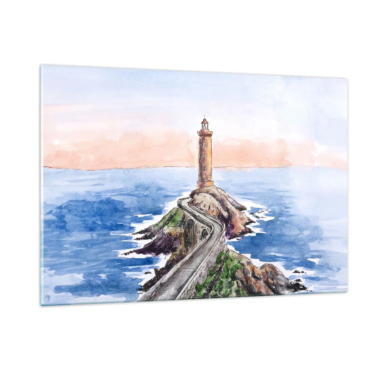 Impression sur verre - Image sur verre - Un phare sur un promontoire rocheux entouré d'une mer calme - 120x80cm - Face à la mer - Décoration murale moderne pour le salon et la chambre ARTTOR