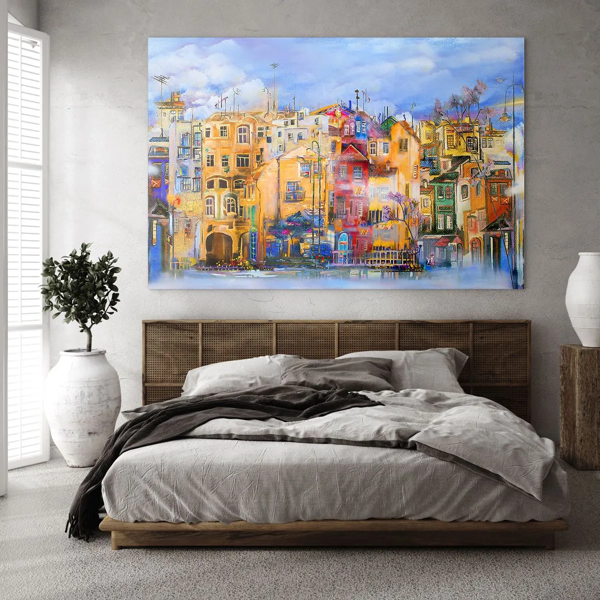 Impression sur verre - Image sur verre - Des immeubles colorés dans un cadre urbain artistique - 70x50cm - Nous sommes ensemble - Décoration murale moderne pour le salon et la chambre ARTTOR