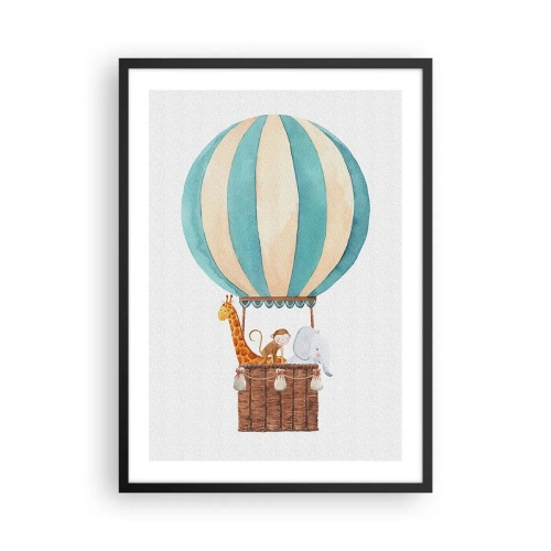 Affiche dans un cadre noir - Poster - Illustration à l'aquarelle d'une montgolfière avec des animaux mignons - 50x70cm - Voyage fantastique - Décoration murale moderne pour le salon et la chambre ARTTOR