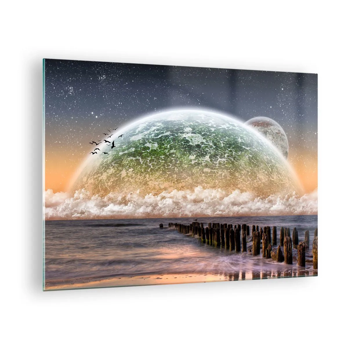 Impression sur verre - Image sur verre - Coucher de soleil sur la planète et l'océan - 70x50cm - Et le monde est sorti de l'eau - Décoration murale moderne pour le salon et la chambre ARTTOR