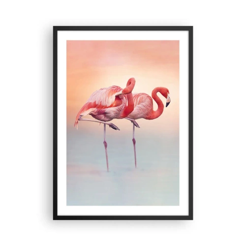 Affiche dans un cadre noir - Poster - Flamants roses sur fond de coucher de soleil pastel - 50x70cm - Dans les couleurs du soleil couchant - Décoration murale moderne pour le salon et la chambre ARTTOR