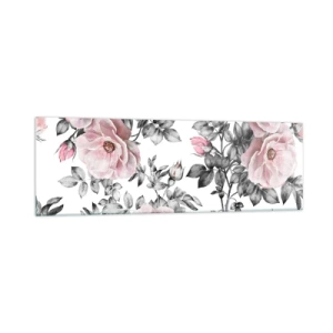 Impression sur verre - Image sur verre - Roses roses et feuilles sur un délicat fond noir et blanc - 160x50cm - Se perdre dans les fleurs des roses - Décoration murale moderne pour le salon et la chambre ARTTOR