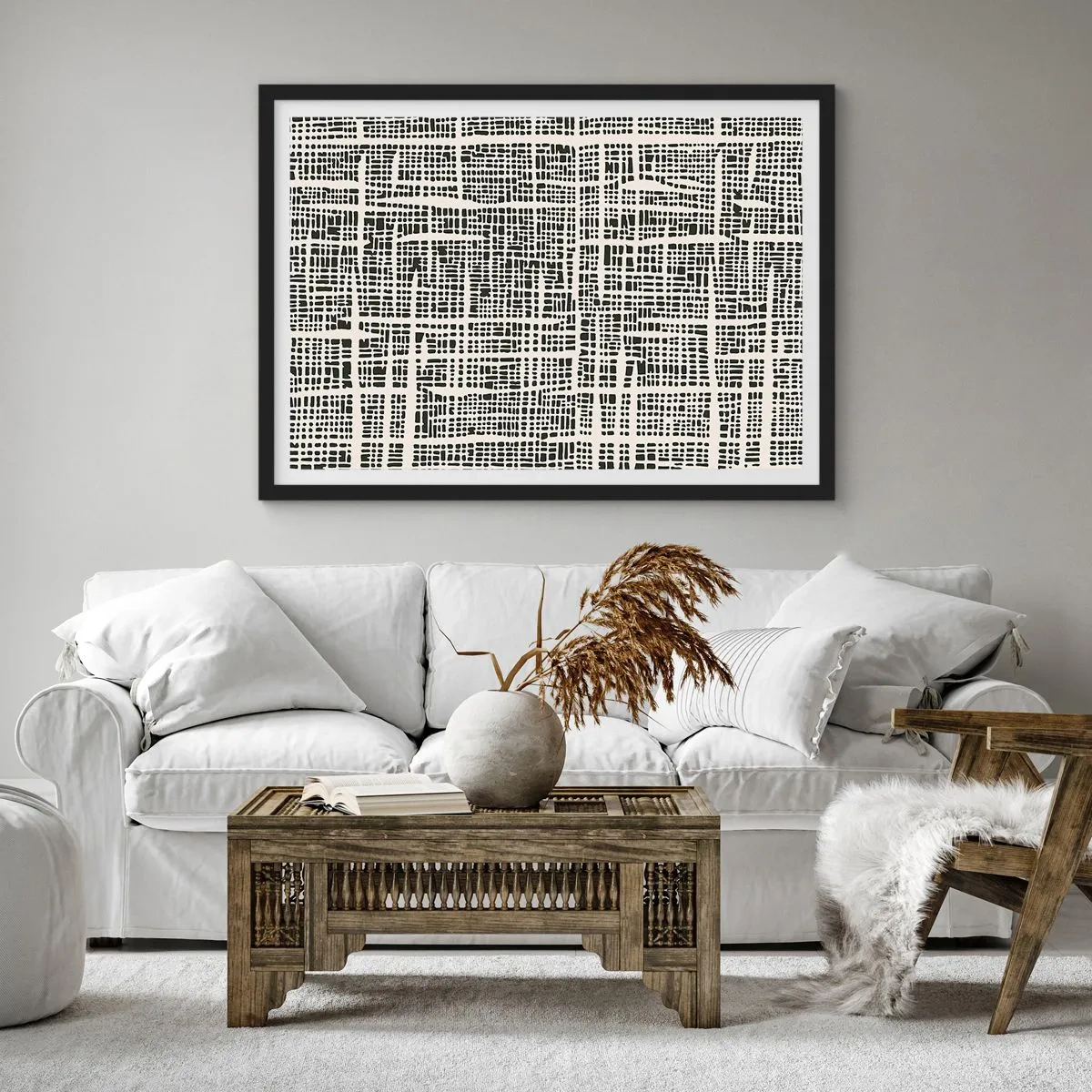 Affiche dans un cadre noir - Poster - Un motif géométrique ressemblant à une grille sur un fond clair - 70x50cm - Composition tissée - Décoration murale moderne pour le salon et la chambre ARTTOR