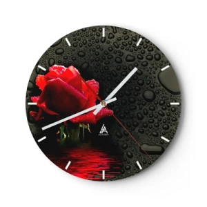 Horloge murale - Pendule murale - Rose rouge avec des gouttes d'eau sur fond noir - 30x30cm - Rouge et noir - Décoration murale moderne pour le salon, la cuisine et la chambre ARTTOR