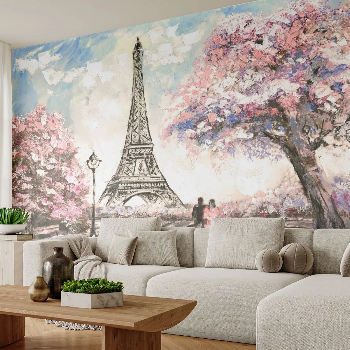 Papier Peint Autocollant Deluxe Sticker - Balade d'avril à Paris - Ville, tour Eiffel, Allée du parc - 250x175 cm