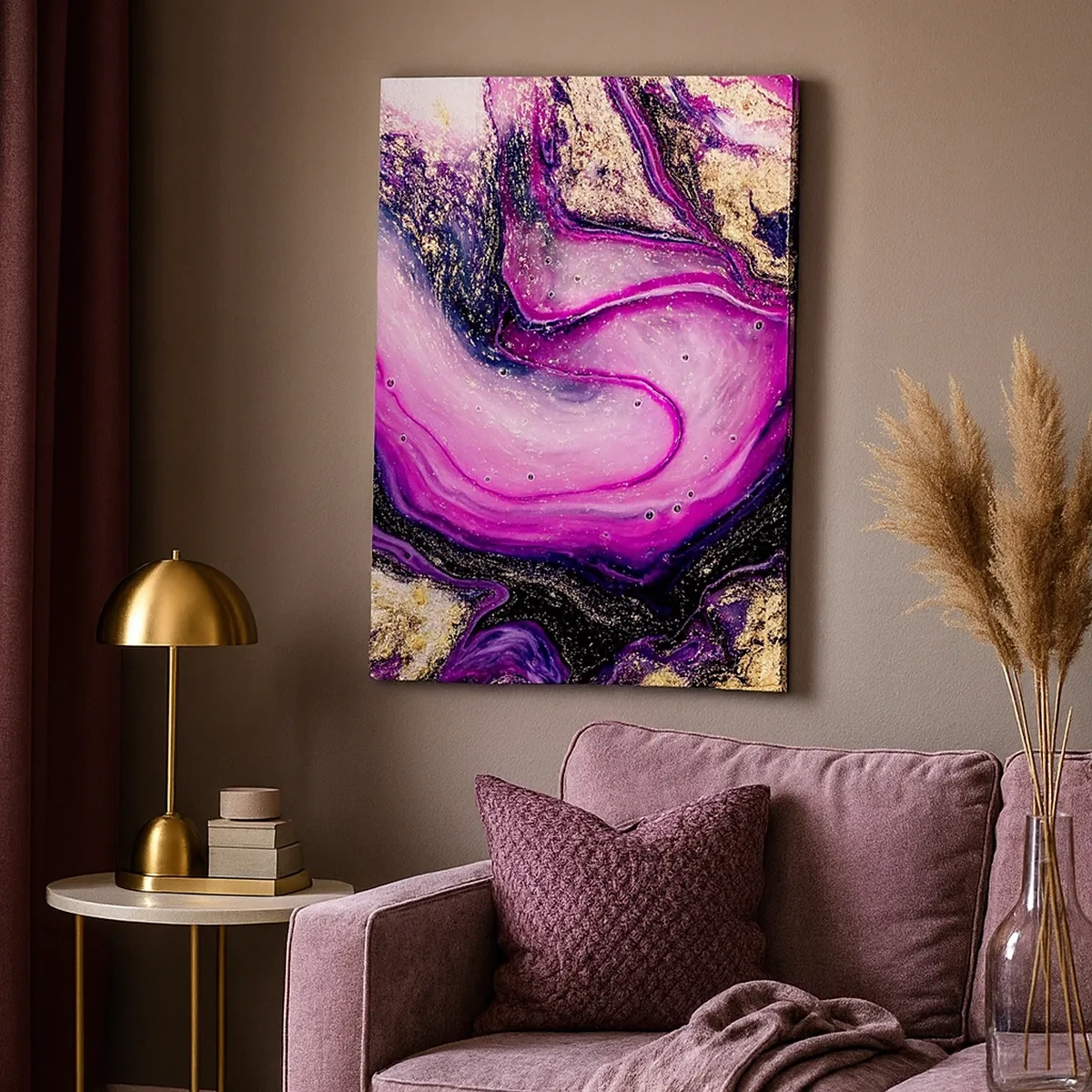 Impression sur toile - Image sur toile - Vagues abstraites dans des tons violets et dorés - 50x70cm - Un instant dans les coulisses - Décoration murale moderne pour le salon et la chambre ARTTOR