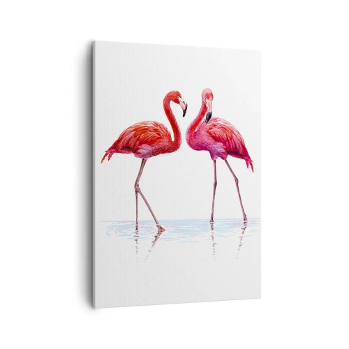 Impression sur toile - Image sur toile - Une paire de flamants roses dans l'eau sur un fond clair - 50x70cm - Rendez-vous rose - Décoration murale moderne pour le salon et la chambre ARTTOR