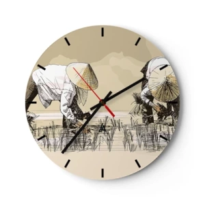 Horloge murale - Pendule murale - Un motif de dessin animé d'agriculteurs travaillant dans une rizière dans des tons beiges. - 30x30cm - Récolte réussie - Décoration murale moderne pour le salon, la cuisine et la chambre ARTTOR