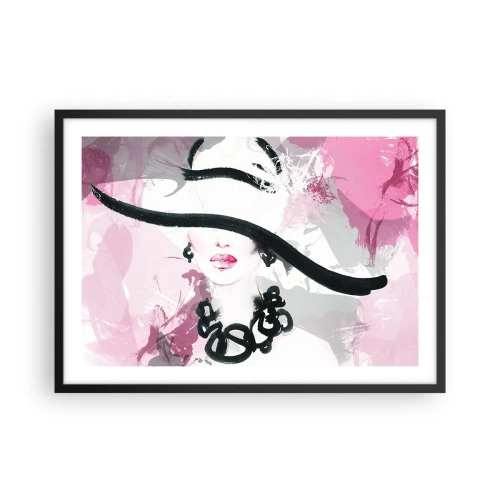 Affiche dans un cadre noir - Poster - Une femme élégante avec un chapeau sur un fond d'abstractions roses. - 70x50cm - Portrait d'une dame en noir et rose - Décoration murale moderne pour le salon et la chambre ARTTOR