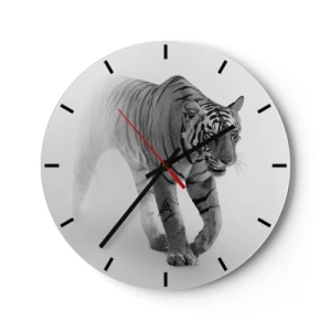 Horloge murale - Pendule murale - Tigre réaliste de style monochrome sur fond blanc - 30x30cm - Accroupi dans le brouillard - Décoration murale moderne pour le salon, la cuisine et la chambre ARTTOR