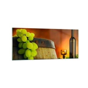 Impression sur verre - Image sur verre - Raisins sur un tonneau de vin avec une palette de couleurs chaudes en arrière-plan - 120x50cm - Nature morte avec une bouteille de vin et une grappe de raisin - Décoration murale moderne pour le salon et la chambre
