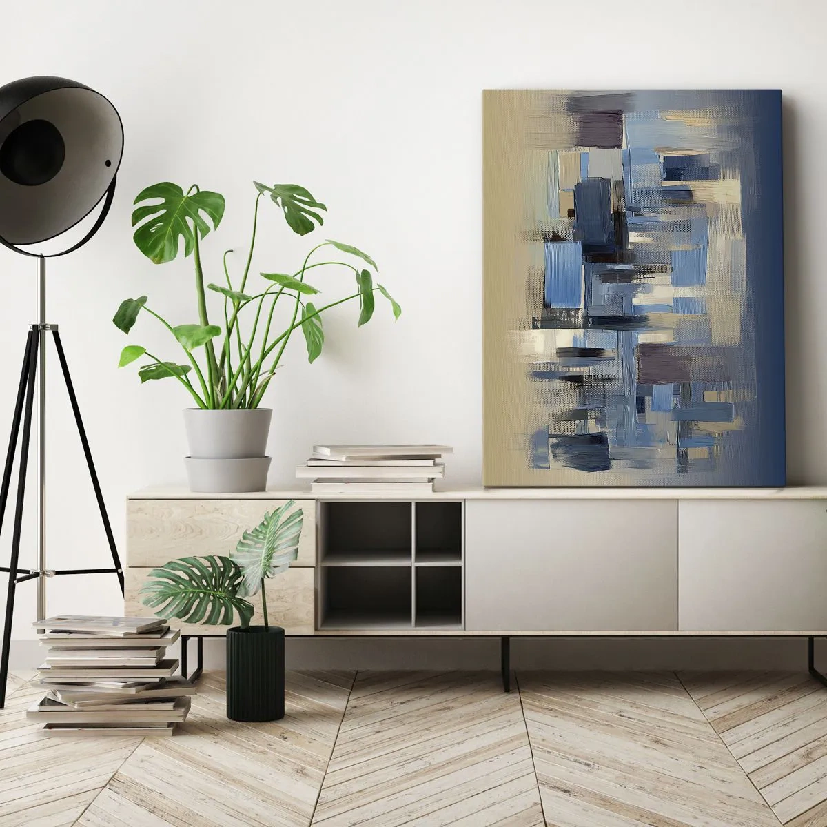 Impression sur toile - Image sur toile - Formes géométriques dans les tons de bleu et de beige - 50x70cm - Construction bleue - Décoration murale moderne pour le salon et la chambre ARTTOR