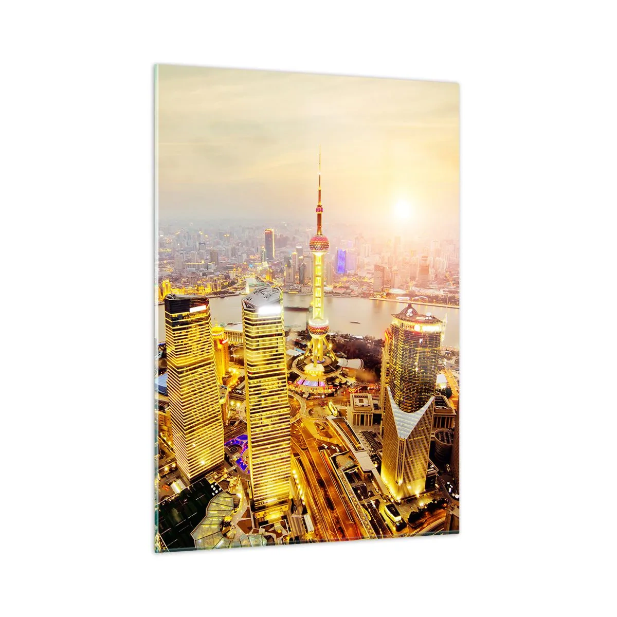 Impression sur verre - Image sur verre - Panorama de la ville au coucher du soleil avec des gratte-ciels - 50x70cm - Rêve asiatique - Décoration murale moderne pour le salon et la chambre ARTTOR
