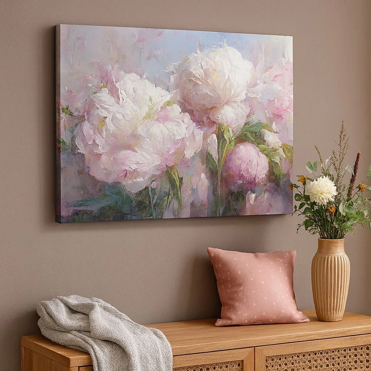 Impression sur toile - Image sur toile - Fleurs de pivoine romantiques aux couleurs pastel - 70x50cm - Un bouquet plein de vie - Décoration murale moderne pour le salon et la chambre ARTTOR