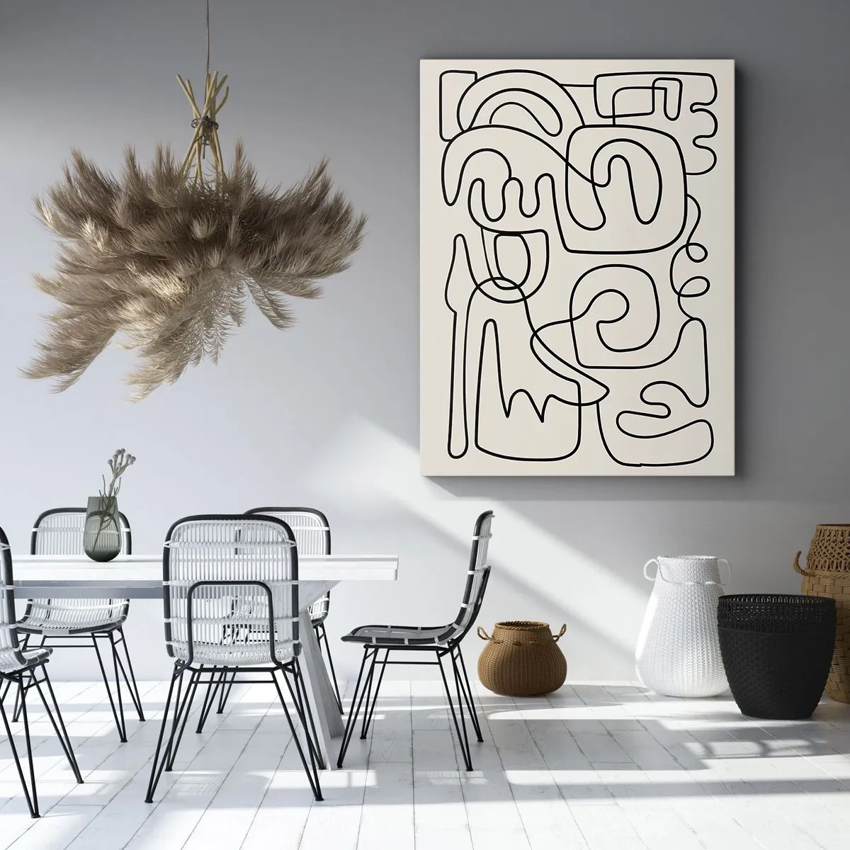 Impression sur toile - Image sur toile - Motif d'art linéaire abstrait en noir sur fond clair - 50x70cm - Suivez les indices - Décoration murale moderne pour le salon et la chambre ARTTOR