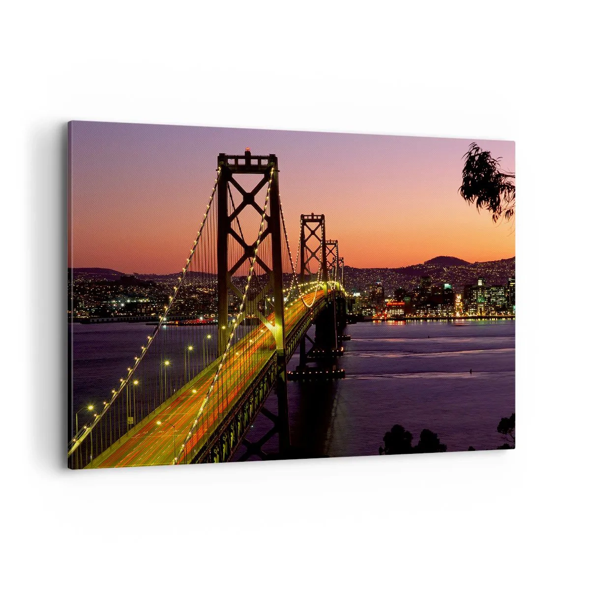 Impression sur toile - Image sur toile - Un pont illuminé la nuit au-dessus de l'eau avec une vue panoramique sur la ville - 120x80cm - Soirée violette - Décoration murale moderne pour le salon et la chambre ARTTOR