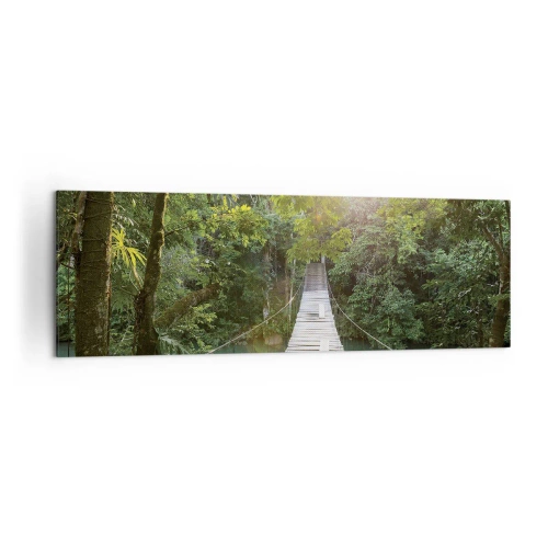 Impression sur toile - Image sur toile - Un pont suspendu dans une forêt tropicale illuminée par la lumière du soleil. - 160x50cm - De l'eau azur à la forêt azur - Décoration murale moderne pour le salon et la chambre ARTTOR