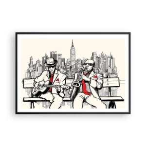 Affiche dans un cadre noir - Poster - Un duo de jazz avec saxophone et guitare sur fond de ville - 100x70cm - improvisation new-yorkaise - Décoration murale moderne pour le salon et la chambre ARTTOR