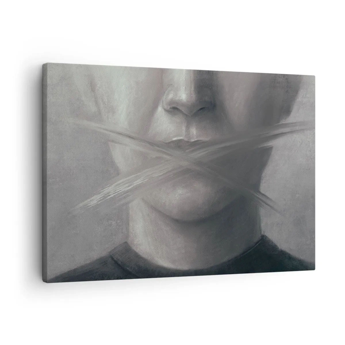 Impression sur toile - Image sur toile - Un portrait symbolique aux lèvres floues dans des tons gris. - 70x50cm - Sans mot - Décoration murale moderne pour le salon et la chambre ARTTOR
