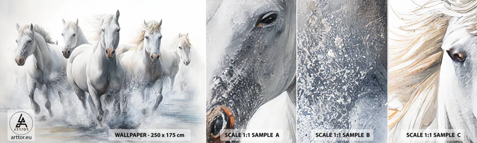 Échantillon De Papier Peint Standard Eco - Magie blanche - Les chevaux, Animaux, Aquarelle - 100x30 cm