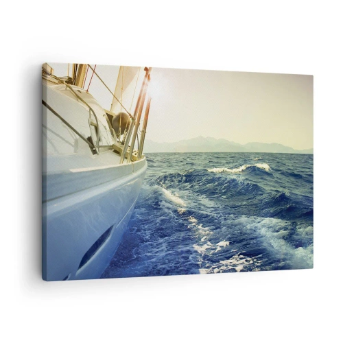 Impression sur toile - Image sur toile - Un yacht en pleine mer avec vue sur les vagues - 70x50cm - Suite à l'aventure - Décoration murale moderne pour le salon et la chambre ARTTOR