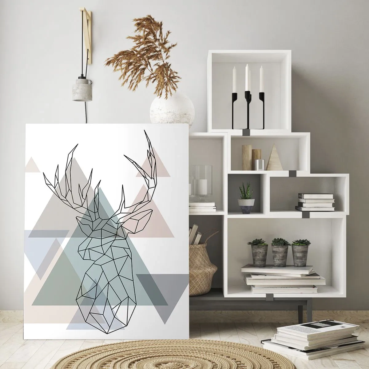 Impression sur verre - Image sur verre - Dessin géométrique d'un cerf sur fond de triangles pastel - 50x70cm - Dans une forêt géométrique - Décoration murale moderne pour le salon et la chambre ARTTOR