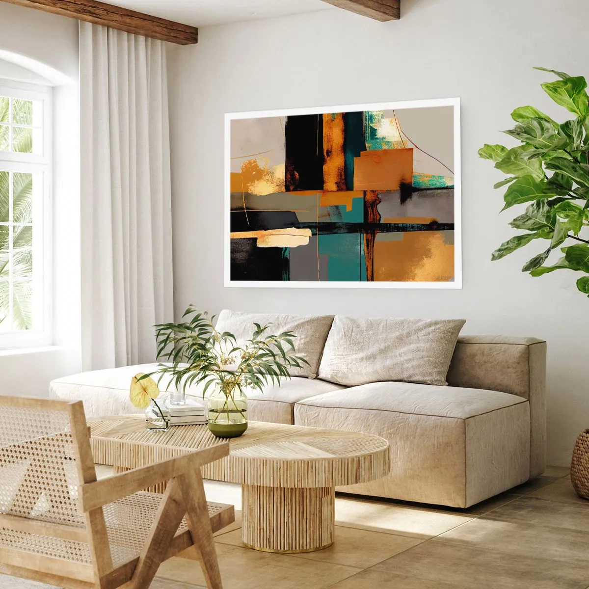 Affiche - Poster - Composition abstraite avec des éléments dorés et turquoise - 100x70cm - Abstraction – lumière et ombre - Décoration murale moderne pour le salon et la chambre ARTTOR