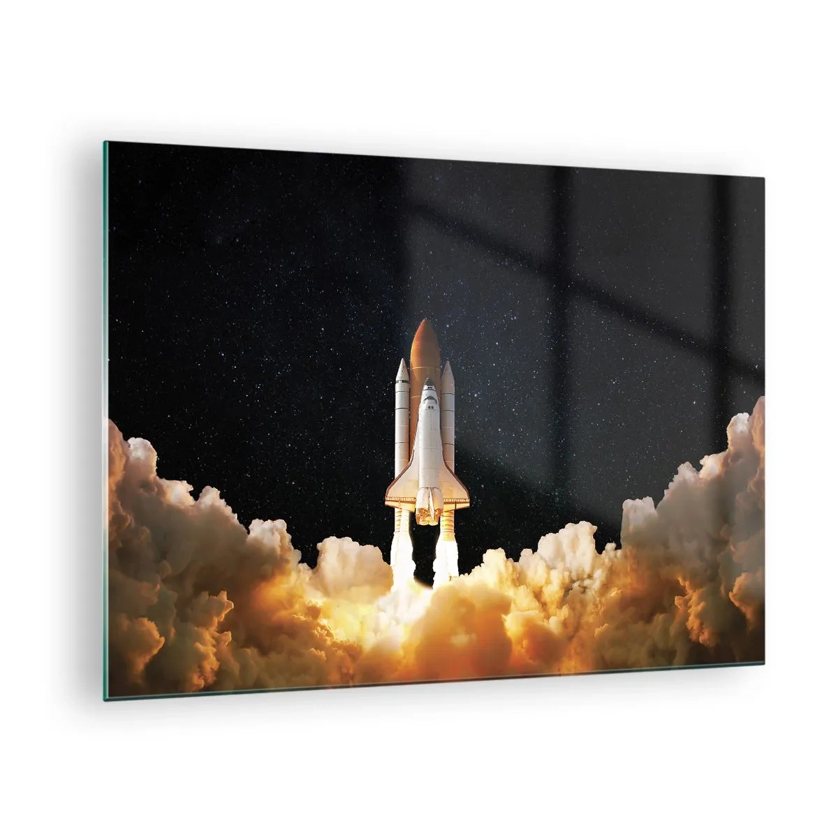 Impression sur verre - Image sur verre - Une navette spatiale décollant sous un ciel étoilé - 70x50cm - Ad astra! - Décoration murale moderne pour le salon et la chambre ARTTOR