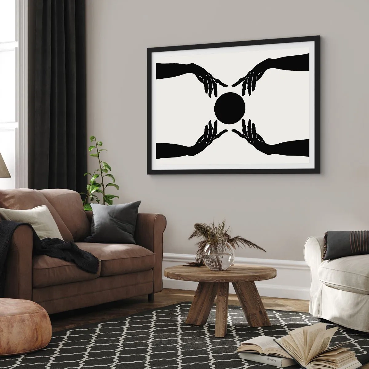 Affiche dans un cadre noir - Poster - Mains noires dans une composition symétrique avec une boule - 70x50cm - Signe secret - Décoration murale moderne pour le salon et la chambre ARTTOR