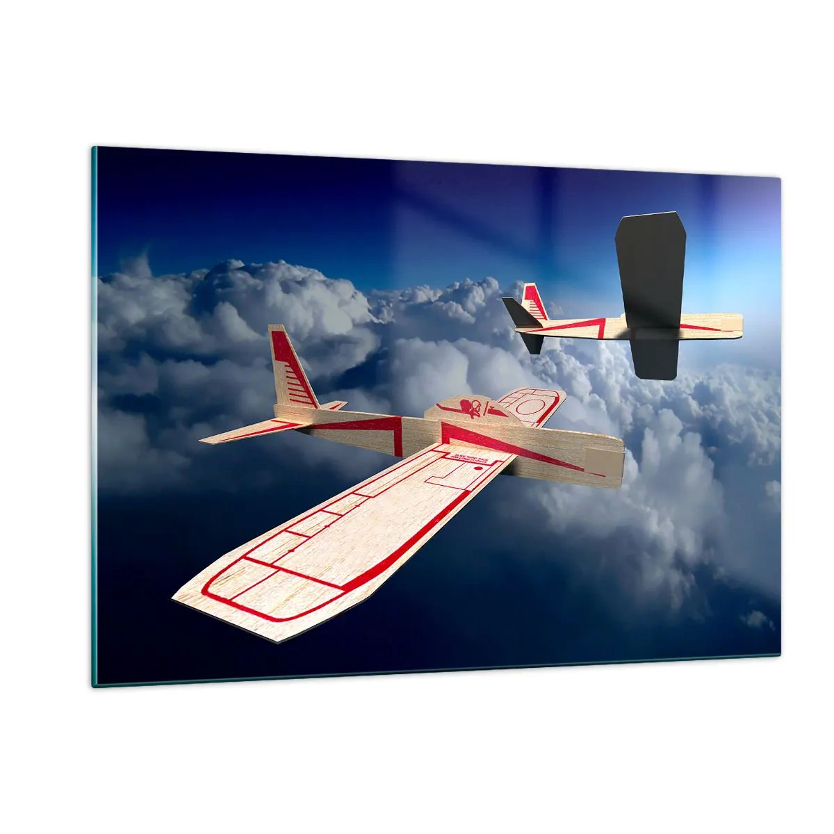 Impression sur verre - Image sur verre - Modèles réduits d'avions glissant dans les nuages - 120x80cm - Encore plus haut, encore plus loin - Décoration murale moderne pour le salon et la chambre ARTTOR