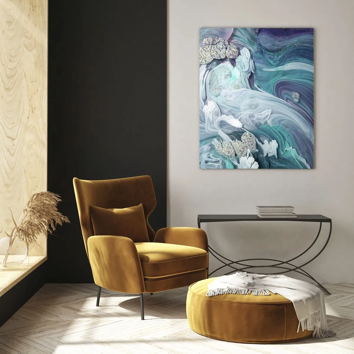 Impression sur verre - Image sur verre - Tourbillons abstraits dans des tons de bleu et de blanc - 70x100cm - Courants bleus - Décoration murale moderne pour le salon et la chambre ARTTOR