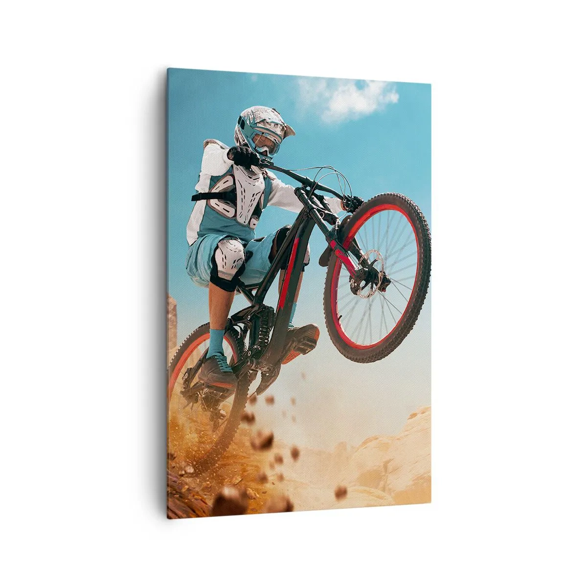 Impression sur toile - Image sur toile - Un vététiste effectue un saut sur fond de rochers - 80x120cm - Démon de la folie du vélo - Décoration murale moderne pour le salon et la chambre ARTTOR
