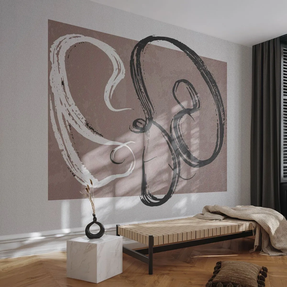 Papier Peint Photo Premium Sand - Coups de pinceau modernes sur fond taupe - 100x70cm - Composition – la recherche de la plénitude - Décoration murale moderne pour le salon et la chambre ARTTOR