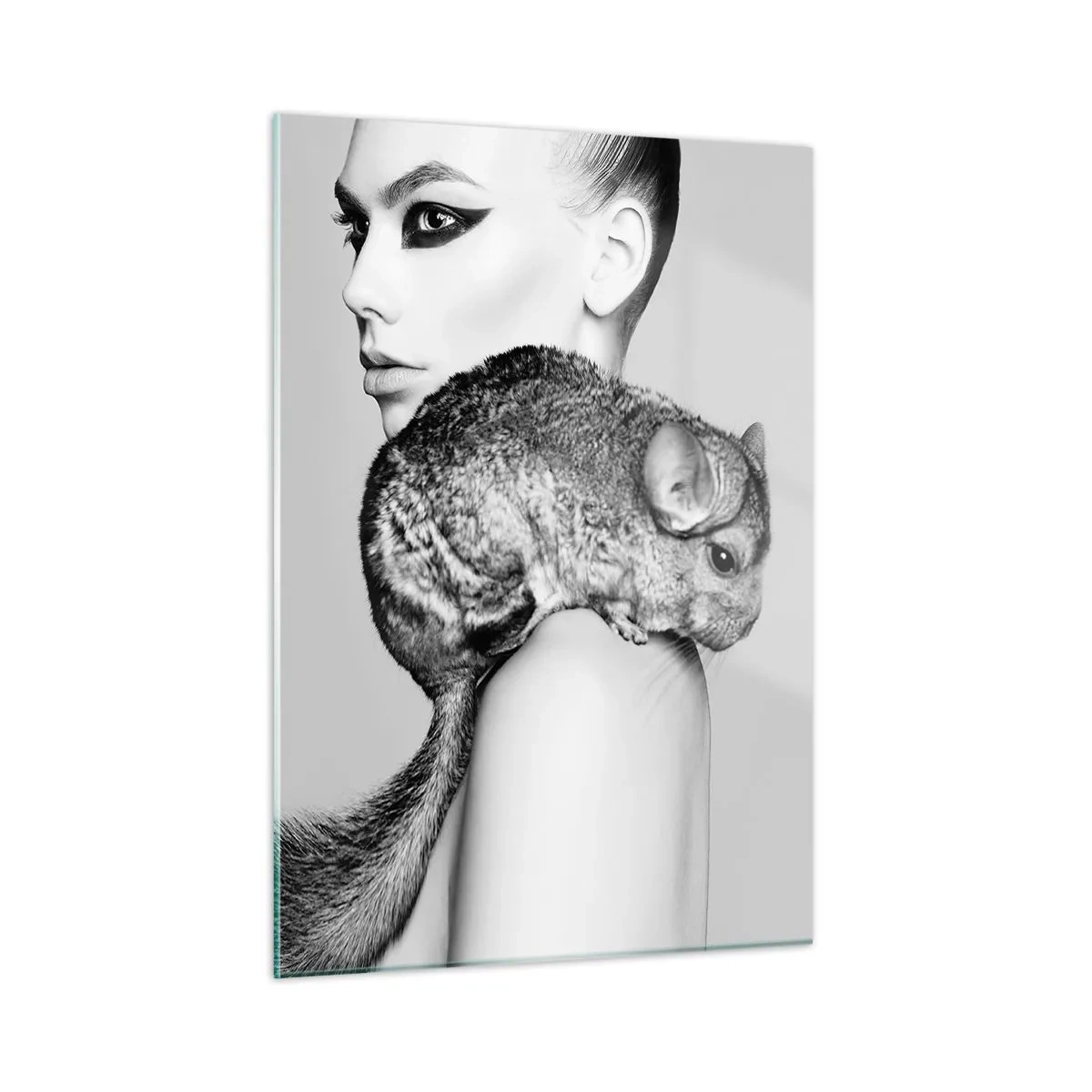 Impression sur verre - Image sur verre - Portrait d'une femme avec un chinchilla en noir et blanc - 50x70cm - Dame au chinchilla - Décoration murale moderne pour le salon et la chambre ARTTOR