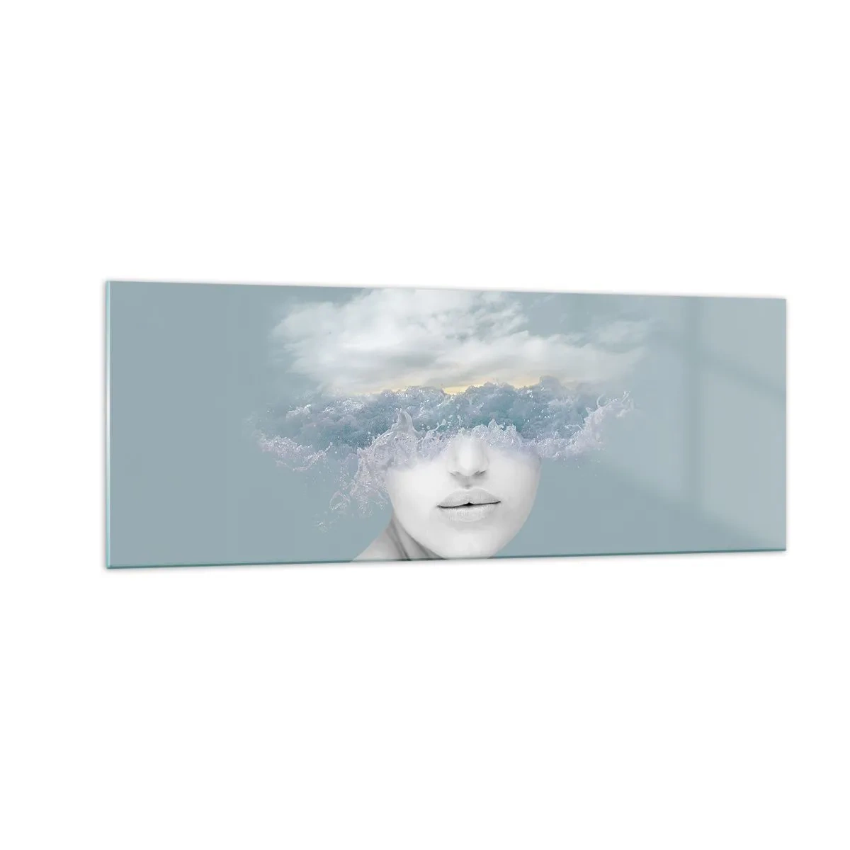 Impression sur verre - Image sur verre - Portrait d'une femme avec son visage caché derrière les nuages et les vagues - 140x50cm - La tête dans les nuages - Décoration murale moderne pour le salon et la chambre ARTTOR