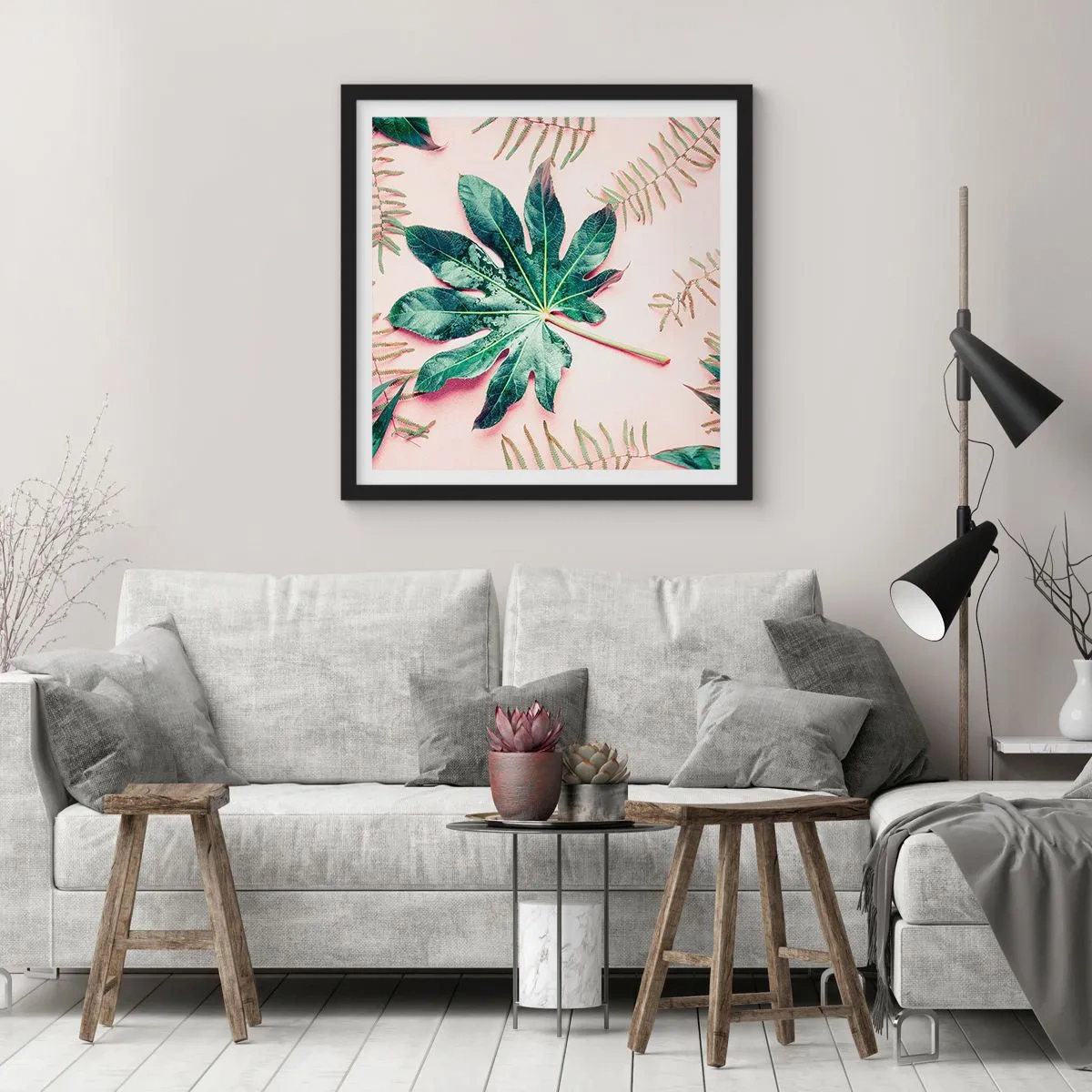 Affiche dans un cadre noir - Poster - Étude de verdure sur fond rose - 60x60 cm