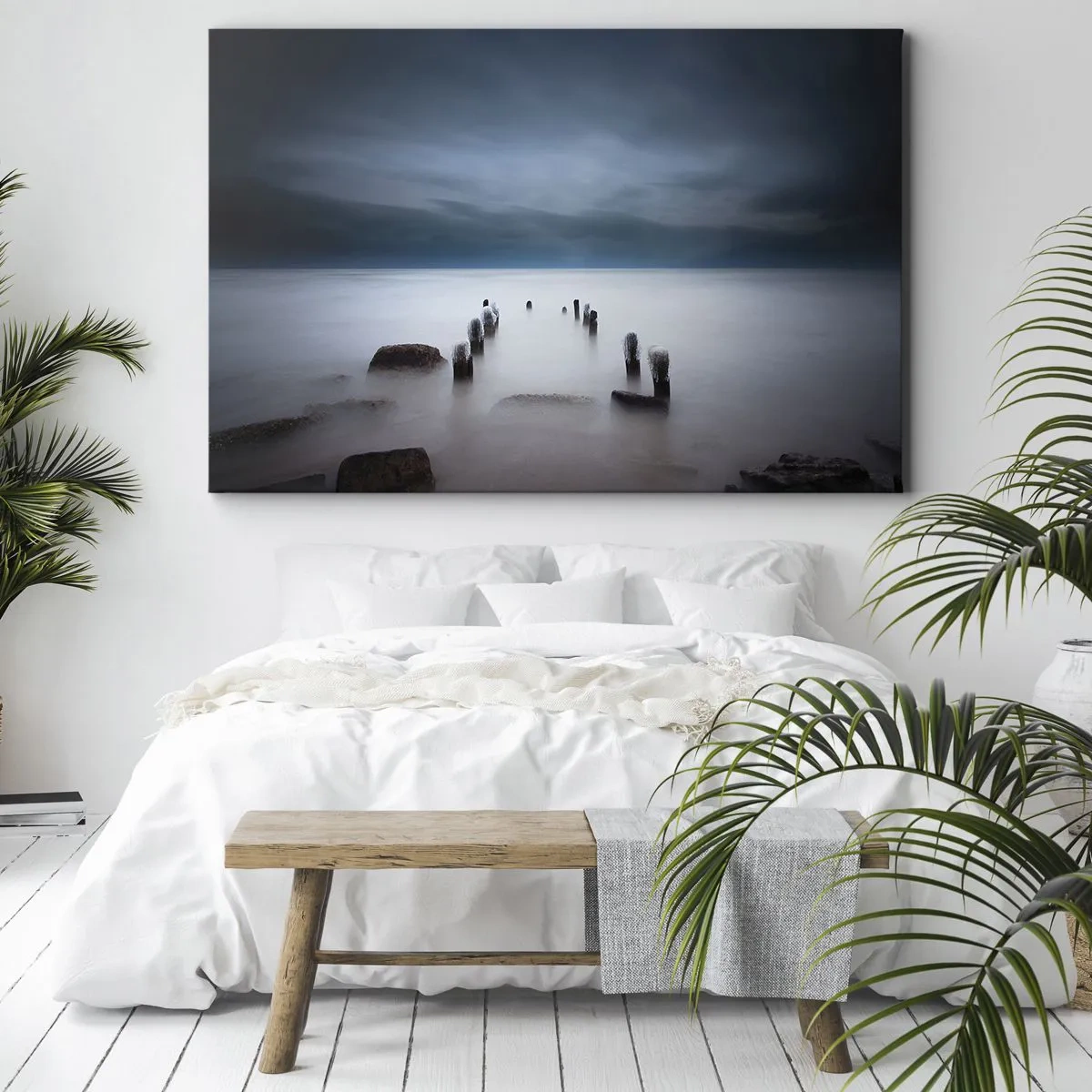 Impression sur toile - Image sur toile - La vieille jetée sur fond de mer calme - 120x80cm - Lac pensif - Décoration murale moderne pour le salon et la chambre ARTTOR