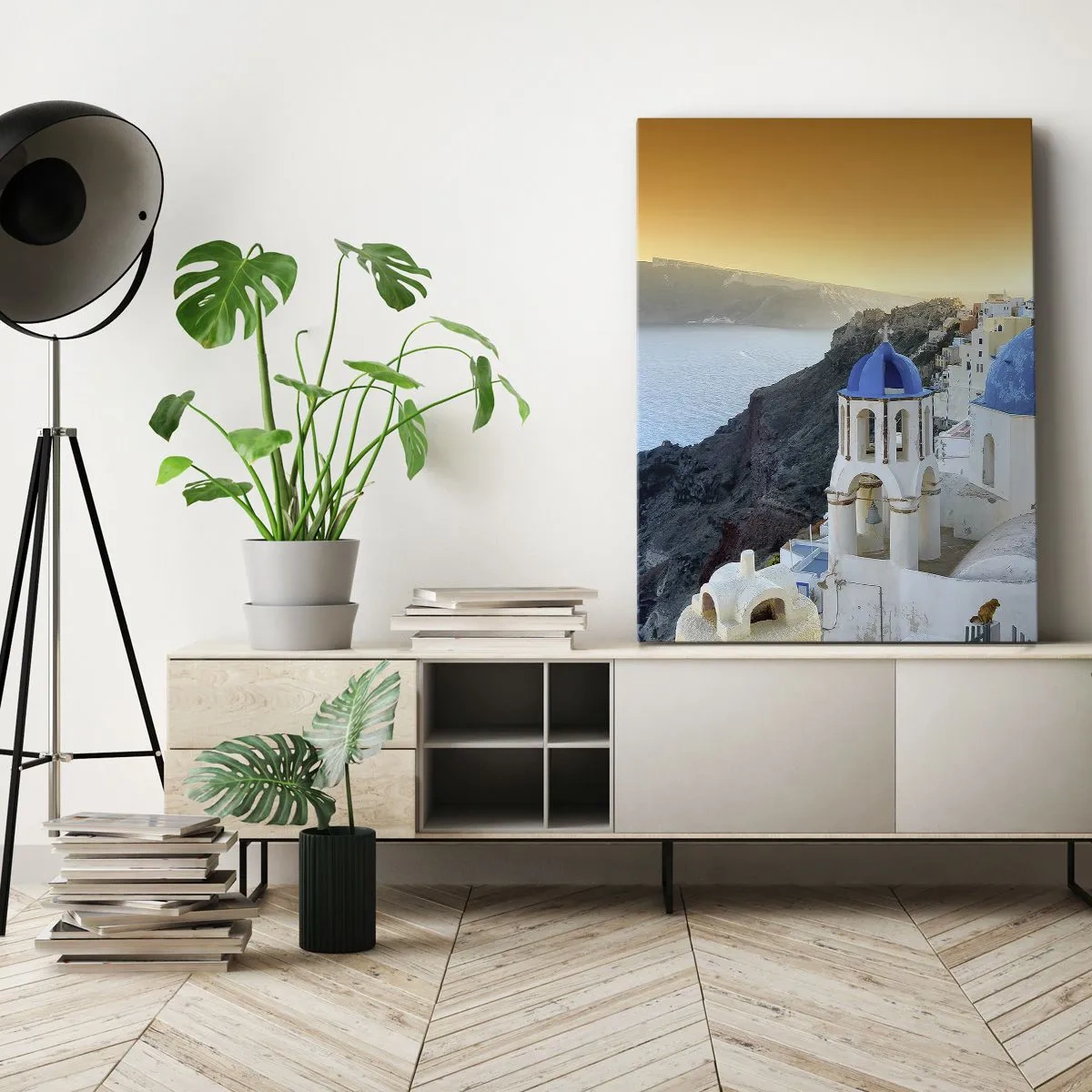 Impression sur toile - Image sur toile - Vue de Santorin avec des bâtiments blancs et une mer bleue - 50x70cm - Santorin - blotti contre les rochers - Décoration murale moderne pour le salon et la chambre ARTTOR