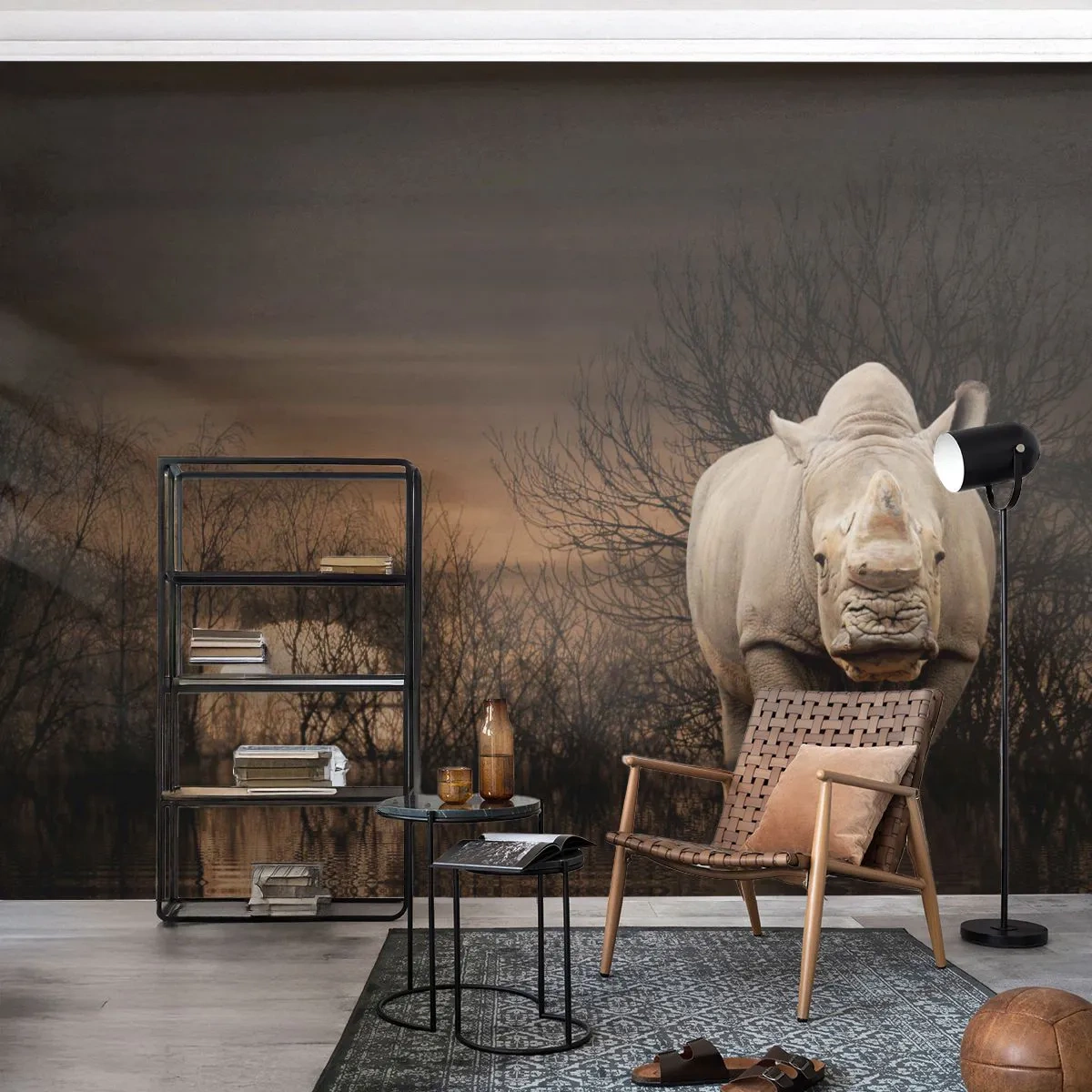 Papier Peint Photo Premium Canvas - Blanc contre nature - Rhinocéros, Animaux, Afrique - 500x350 cm