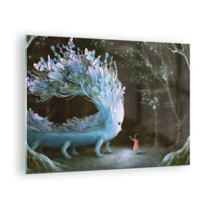 Impression sur verre - Image sur verre - Une fille rencontre une créature magique dans la forêt. - 70x50cm - Une rencontre fantastique - Décoration murale moderne pour le salon et la chambre ARTTOR