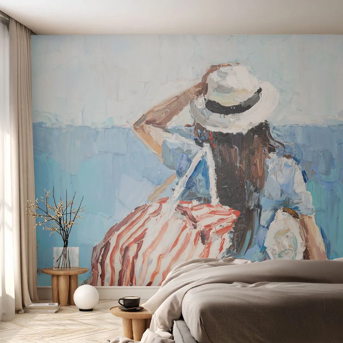 Papier Peint Photo Premium Sand - Femme avec un sac et un chapeau au bord de la mer dans le style de l'impressionnisme - 100x70cm - Bienvenue à vos vacances - Décoration murale moderne pour le salon et la chambre ARTTOR